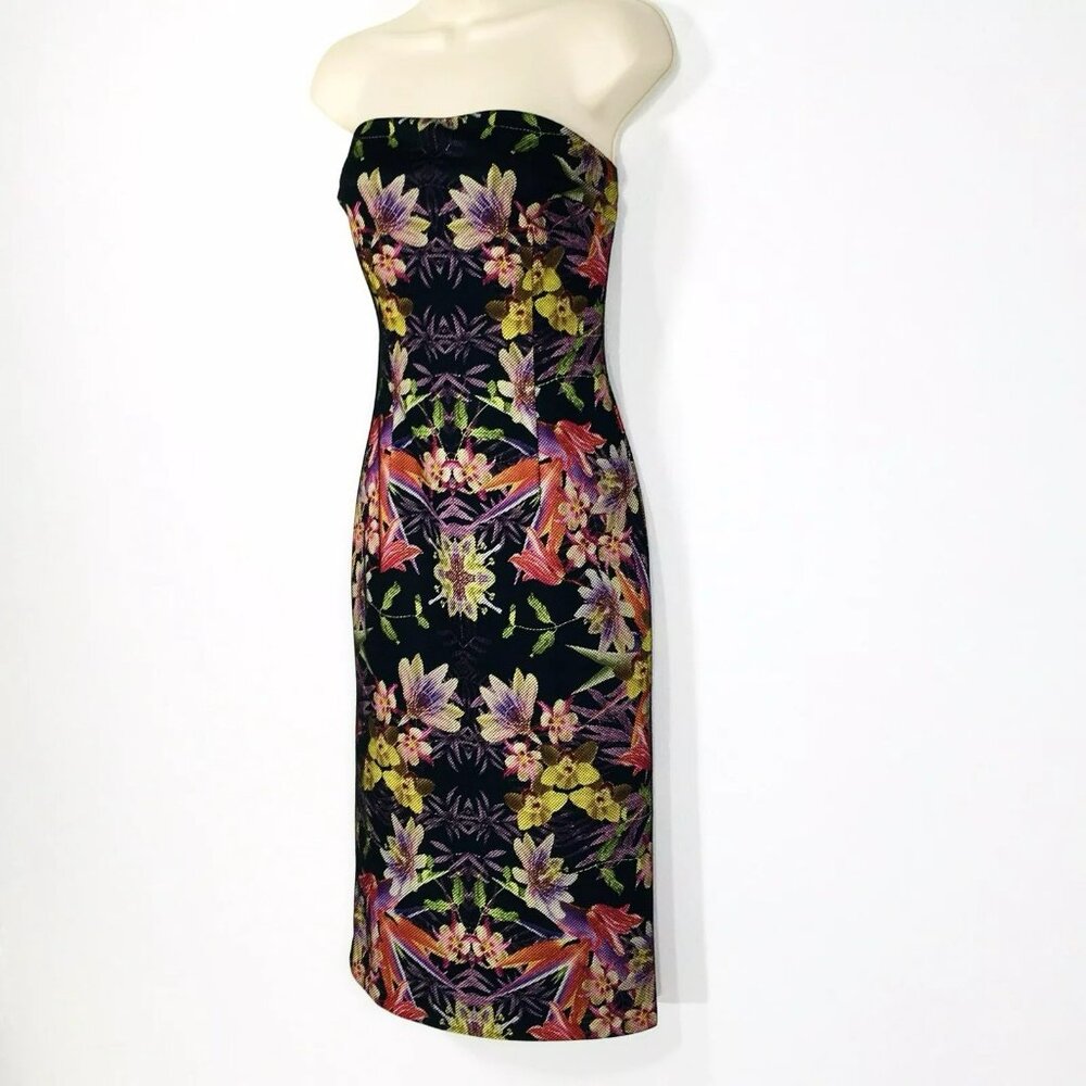 Bebe Strapless Pencil Dress Sz S Zipper Lined Back Slit Botanical Print